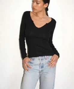 LNA Emory Notch Long Sleeve - Black Clothing