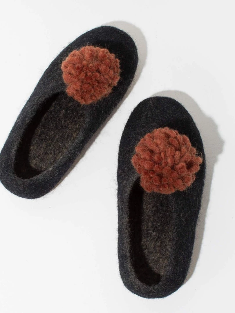 Mulxiply Collaborative Pom Pom Felt Slippers - Dark Grey + Rust Home & Gift 3 Mulxiply Collaborative Pom Pom Felt Slippers - Dark Grey + Rust Home & Gift
