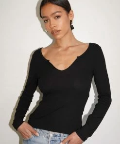 LNA Emory Notch Long Sleeve - Black Clothing
