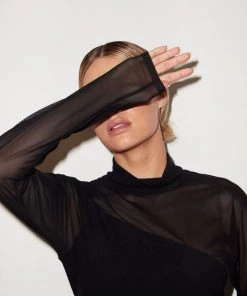 LNA Anza Mesh Sweater Top - Black Clothing