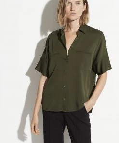Vince Stretch Satin Short Sleeve Blouse