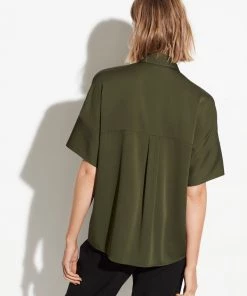 Vince Stretch Satin Short Sleeve Blouse